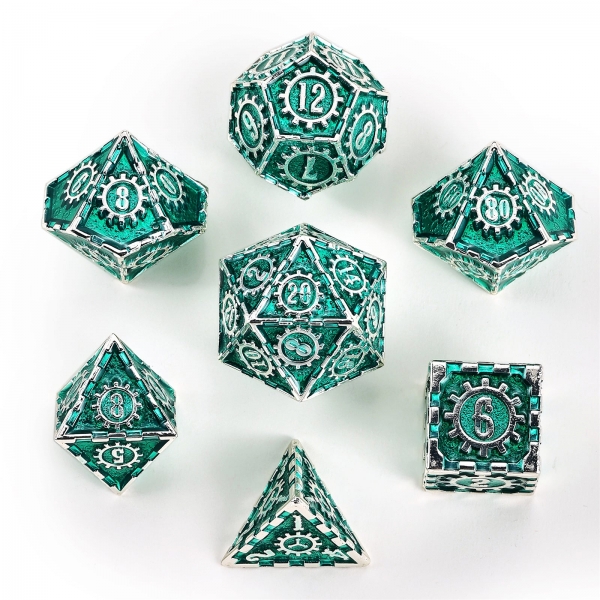 Solid Metal Cogcraft Polyhedral Dice Set - Time Machine (Silver w/Green)
