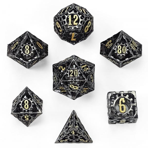 Hollow Metal Cogcraft Polyhedral Dice Set - Gunmetal w/Gold