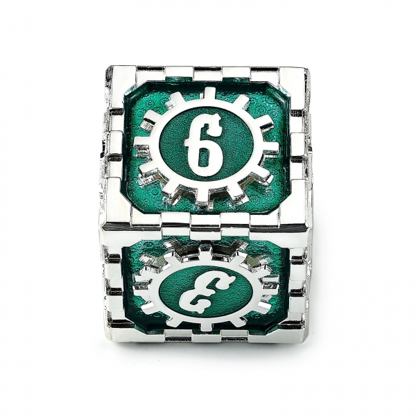 Mythic Size Cogcraf Fidget D6 - Time Machine - Green & Silver