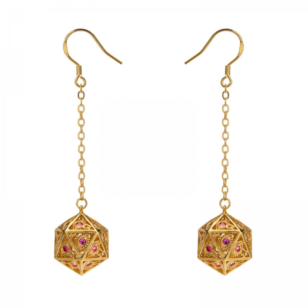 Dragon's Eye D20 Dice Earrings - Gold with Ruby Red Gems