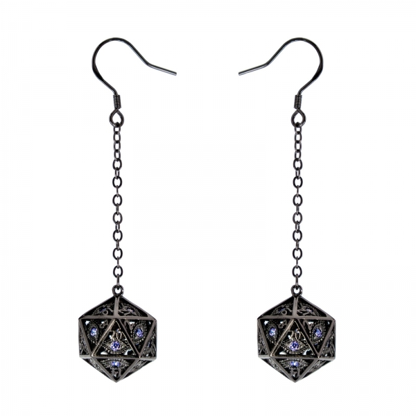 Dragon's Eye D20 Dice Earrings - Gunmetal with Purple Gems