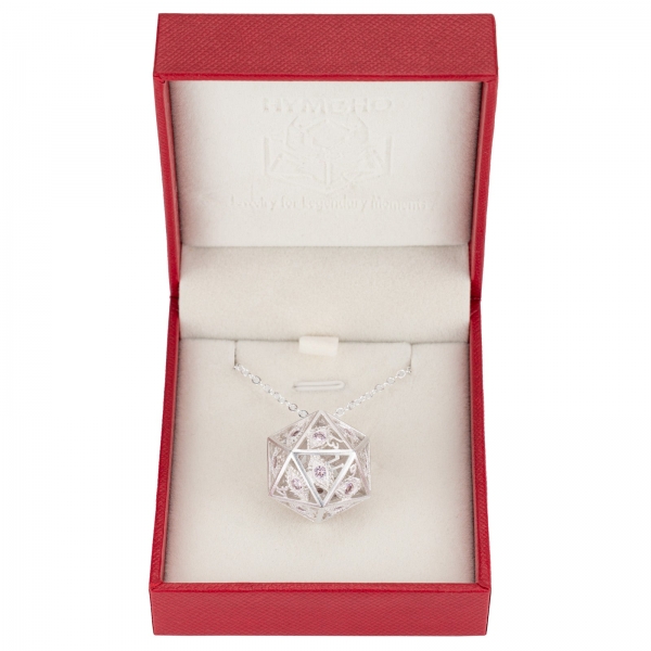 Dragon's Eye D20 Necklace - Silver with Pink Gems