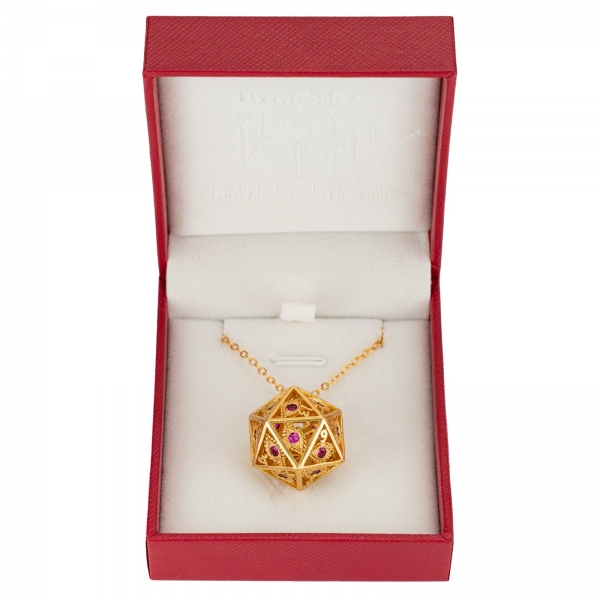 Dragon's Eye D20 Necklace - Gold with Ruby Gems