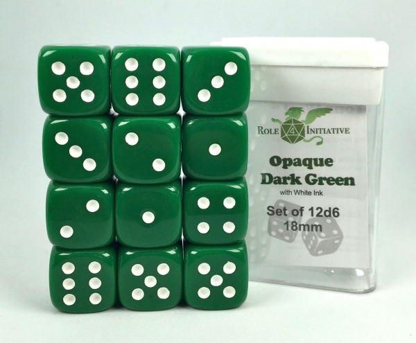 Opaque Dark Green w/ White Ink - Set of 12d6 pips 18mm Dice