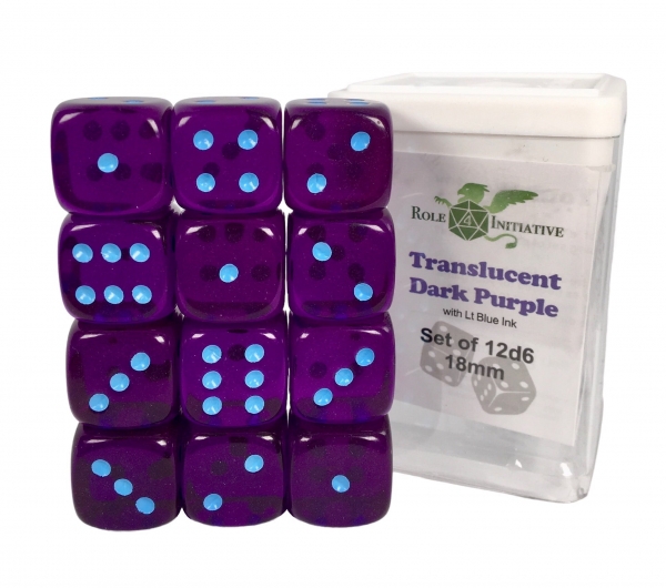 Translucent Dark Purple w/ Lt Blue Ink - Set of 12d6 pips 18mm Dice