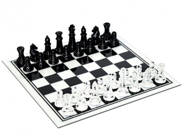 Wood Expressions: Black and Clear Glass Chess Set (13.75 in. Board, 3 in. King)