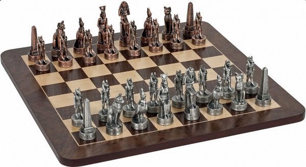 Wood Expressions: Egyptian Chess Set - Pewter Pieces & Walnut Root Board (16'')