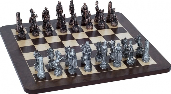 Wood Expressions: Fantasy Chess Set - Pewter Pieces & Walnut Root Board (16'')