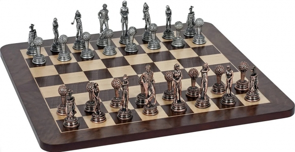 Wood Expressions: Golf Chess Set - Pewter Pieces & Walnut Root Board (16'')