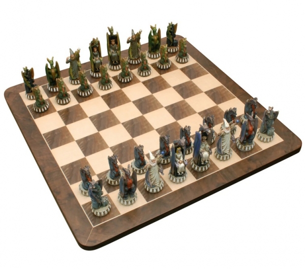 Wood Expressions: Handpainted Dragon Chess Set, Walnut Root Board (21 in, 4.5 in King)