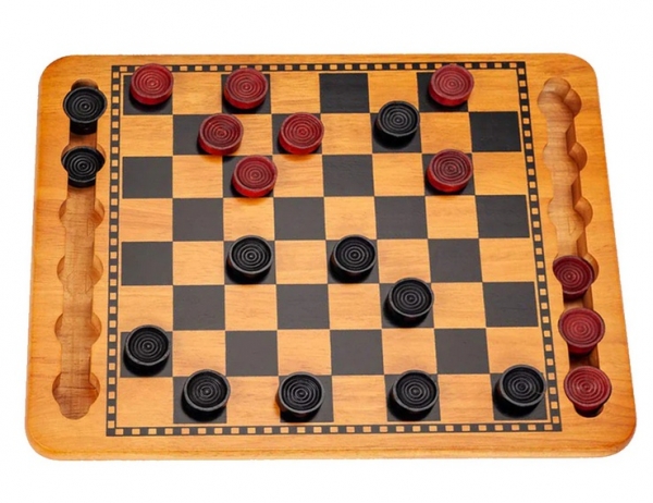 Wood Expressions: Red and Black Solid Wood Checkers Set, Grooves in Board (14.5'')