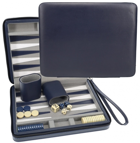 Wood Expressions: Magnetic Backgammon Set with Leatherette Case and Carrying Strap - Navy Blue