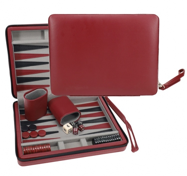Wood Expressions: Magnetic Backgammon Set with Leatherette Case and Carrying Strap - Burgundy