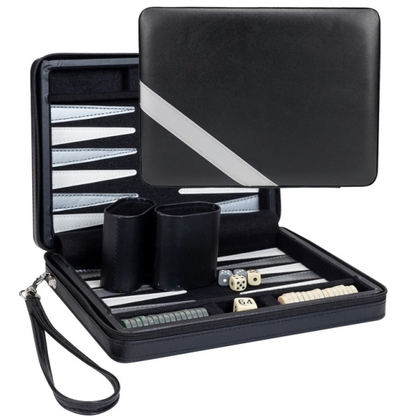 Wood Expressions: Magnetic Backgammon Set with Leatherette Case & Carry Strap - Black, Grey Stripe