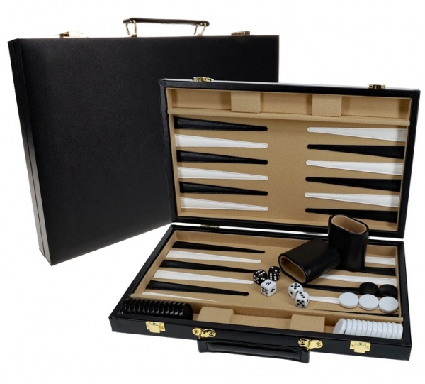 Wood Expressions: Black Leatherette Backgammon Set (14.75 x 9.75 in. closed)
