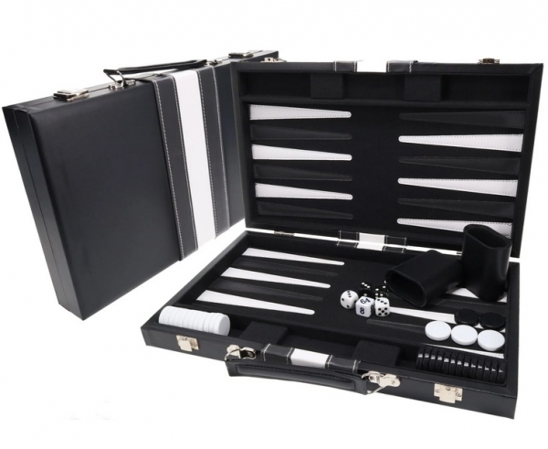 Wood Expressions: Black with Stripe Leatherette Backgammon Set (14.75 x 9.75 in. closed)