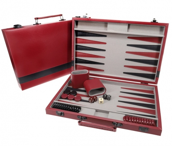 Wood Expressions: Burgundy/Black Leatherette Backgammon Set (14.75 x 9.75 in. closed)