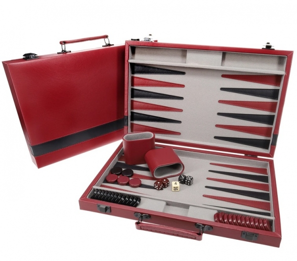 Wood Expressions: Burgundy/Black Leatherette Backgammon Set (18 x 11 in. closed)