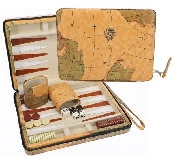 Wood Expressions: Magnetic Backgammon Set with Leatherette Case & Carry Strap - Tan Map Style