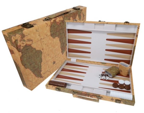 Wood Expressions: Tan Map Style Leatherette Backgammon Set (18 x 11 in. closed)
