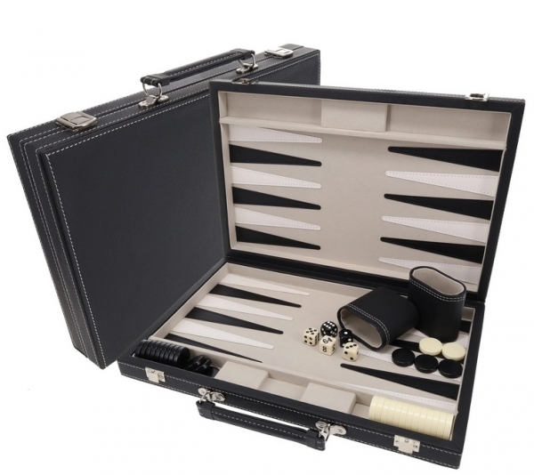 Wood Expressions: Elegant Black Leatherette Backgammon Set (14.75 x 9.75 in. closed)