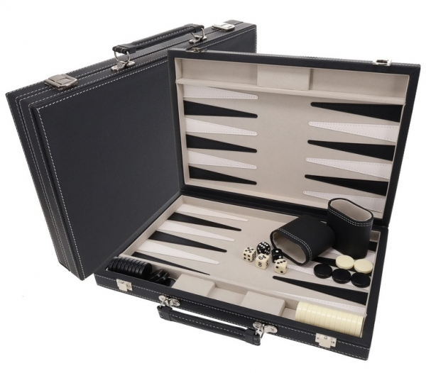 Wood Expressions: Elegant Black Leatherette Backgammon Set (18 x 11 in. closed)