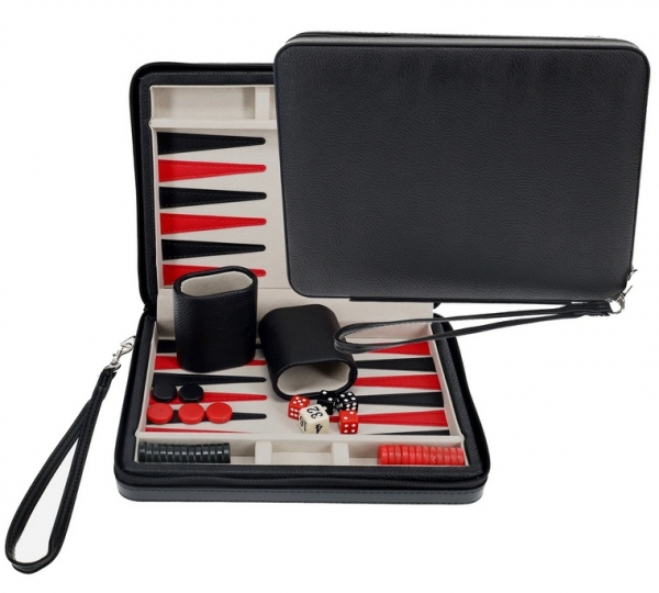 Wood Expressions: Magnetic Backgammon Set with Leatherette Case and Carrying Strap - Black