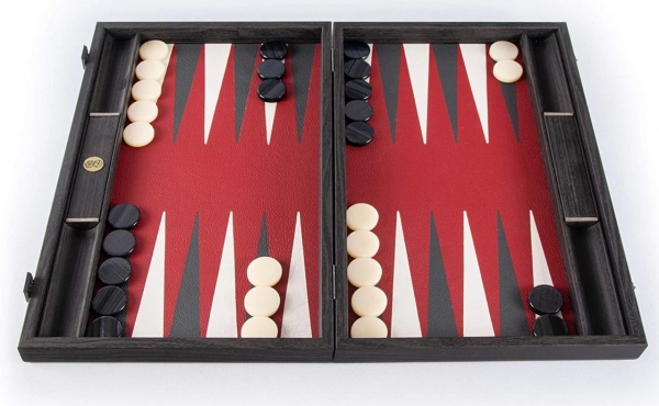 Wood Expressions: Luxury Wood Backgammon Set, Leatherette Interior (19'') Blk/Red/Gry Made in Greece