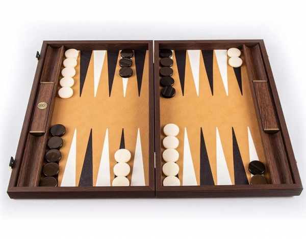 Wood Expressions: Luxury Wood Backgammon Set, Leatherette Interior (19'') Brn/Yel/Brn Made in Greece
