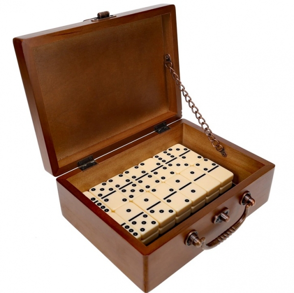 Wood Expressions: Double 6 Dominoes - Ivory with Wooden Treasure Box - Walnut Finish