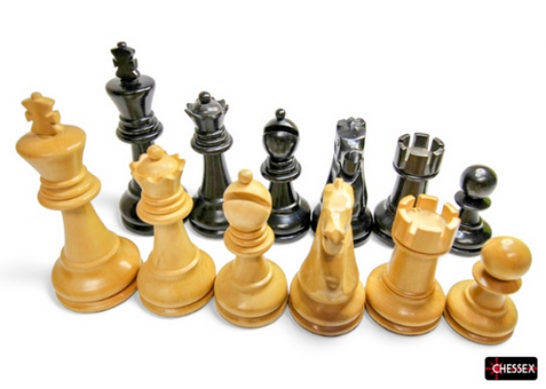 Chessex Chess Set: Solid Ebony Basic Boxwood 3 3/4'' King, Triple Weighted, Leather Bases
