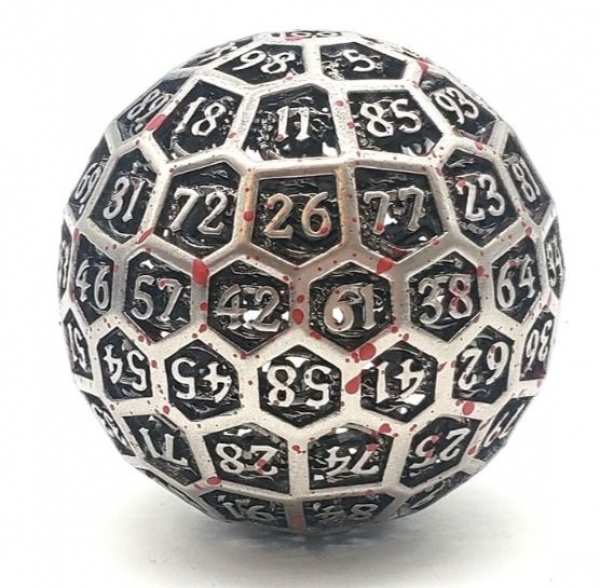 Old School Dice: Hollow Metal 50mm D100 - Dragons Head - Ancient Silver w/ Blood