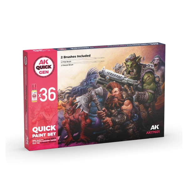 AK-Interactive: Quick Gen Acrylic Contrast -Quick Paint Set 36 Quick Gen Colors (2 Brushes)
