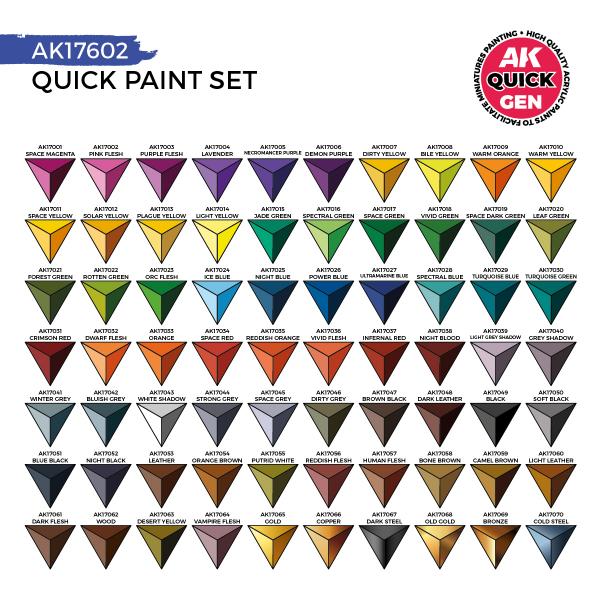 AK-Interactive: Quick Gen Acrylic Contrast -Quick Paint Set 72 Quick Gen Colors (2 Brushes)
