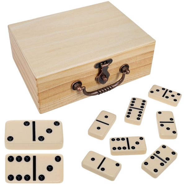 Wood Expressions: Double 6 Dominoes - Ivory with Wooden Treasure Box - Natural Finish