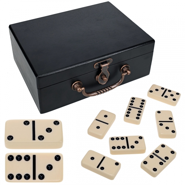 Wood Expressions: Double 6 Dominoes - Ivory with Wooden Treasure Box - Black Finish