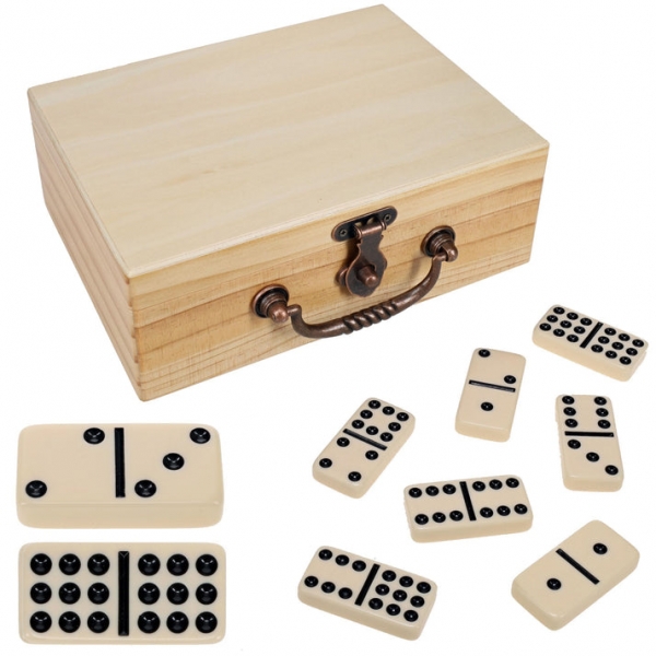 Wood Expressions: Double 9 Dominoes - Ivory with Wooden Treasure Box - Natural Finish
