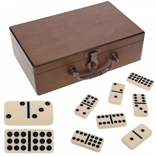 Wood Expressions: Double 9 Dominoes - Ivory with Wooden Treasure Box - Walnut Finish
