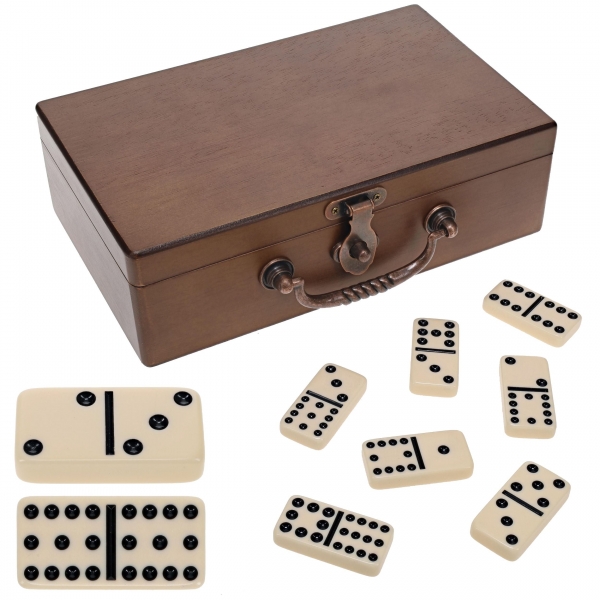 Wood Expressions: Double 12 Dominoes - Ivory with Wooden Treasure Box - Walnut Finish