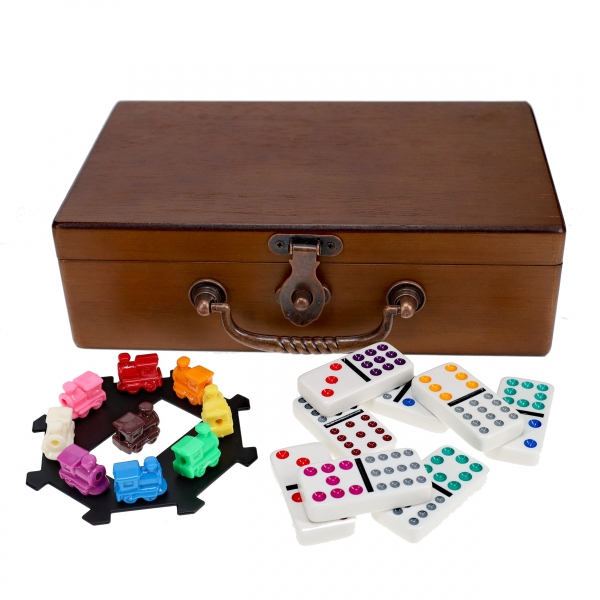 Wood Expressions: Mexican Train Dominoes, Double Twelve - Wooden Treasure Box - Walnut Finish