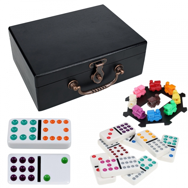 Wood Expressions: Mexican Train Dominoes, Double Twelve - Wooden Treasure Box - Black Finish