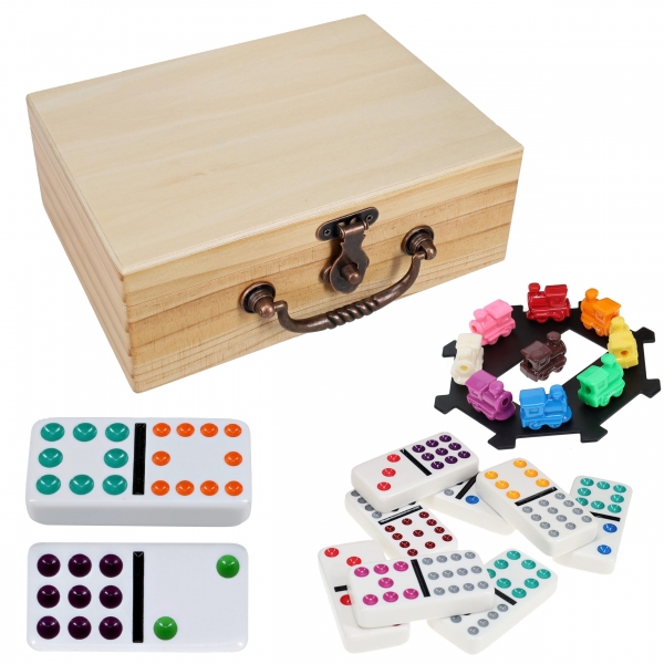 Wood Expressions: Mexican Train Dominoes, Double Twelve - Wooden Treasure Box - Natural Finish
