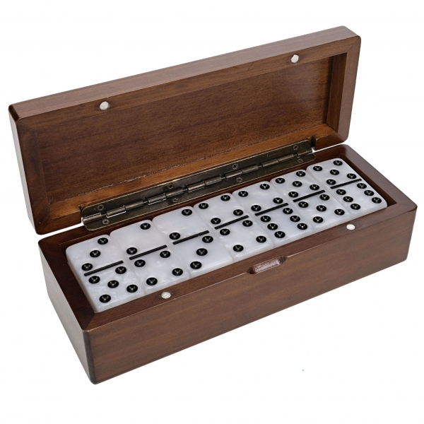 Wood Expressions: Games Double 6 Marbleized Dominoes in Magnetic Wooden Travel Box, White Color