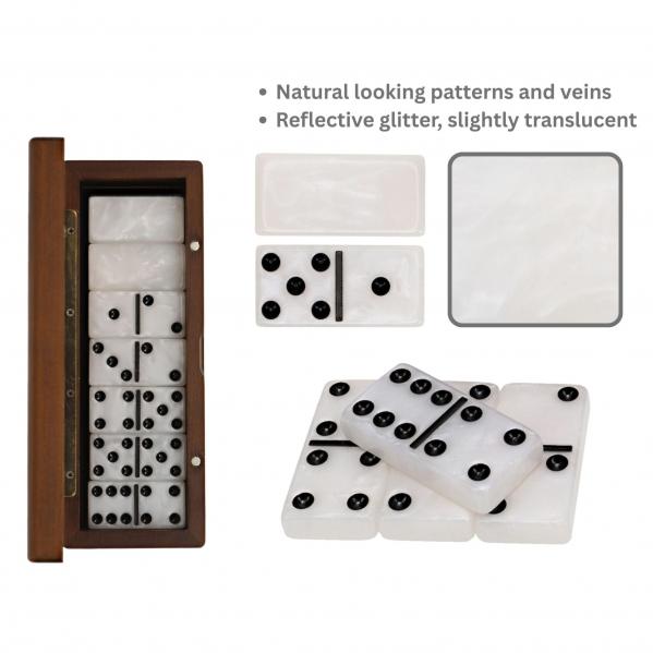 Wood Expressions: Games Double 6 Marbleized Dominoes in Magnetic Wooden Travel Box, White Color