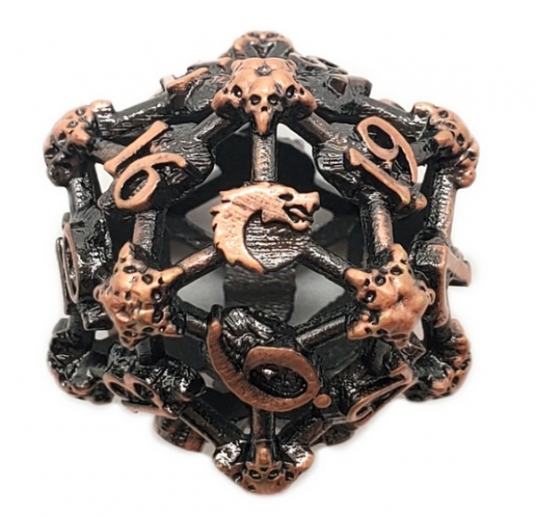 Old School Dice: Hollow Metal D20 Spindown - Skull - Ancient Bronze
