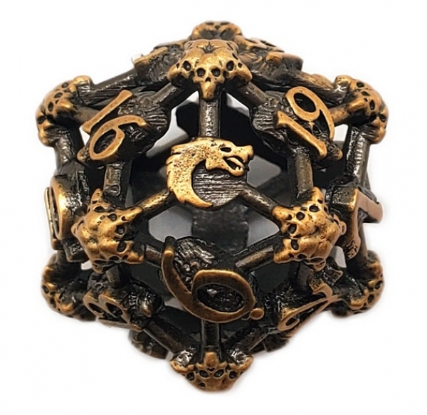 Old School Dice: Hollow Metal D20 Spindown - Skull - Ancient Gold
