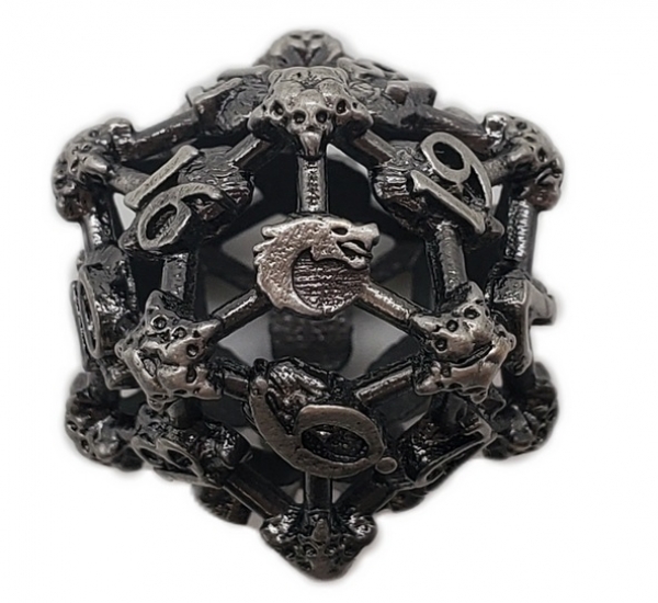 Old School Dice: Hollow Metal D20 Spindown - Skull - Ancient Silver