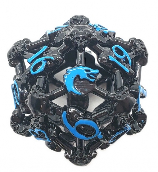Old School Dice: Hollow Metal D20 Spindown - Skull - Black Nickel w/ Blue