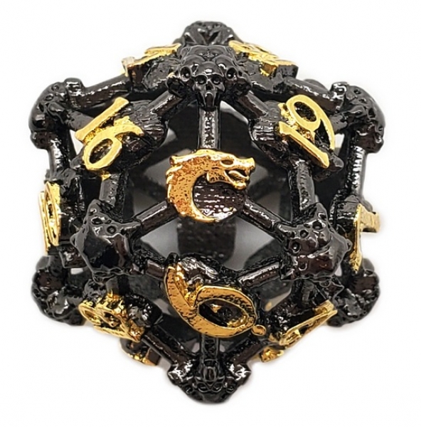 Old School Dice: Hollow Metal D20 Spindown - Skull - Black Nickel w/ Gold