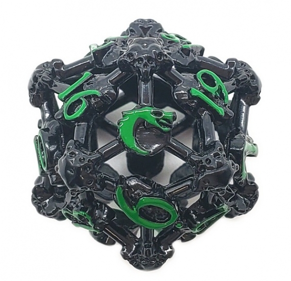Old School Dice: Hollow Metal D20 Spindown - Skull - Black Nickel w/ Green